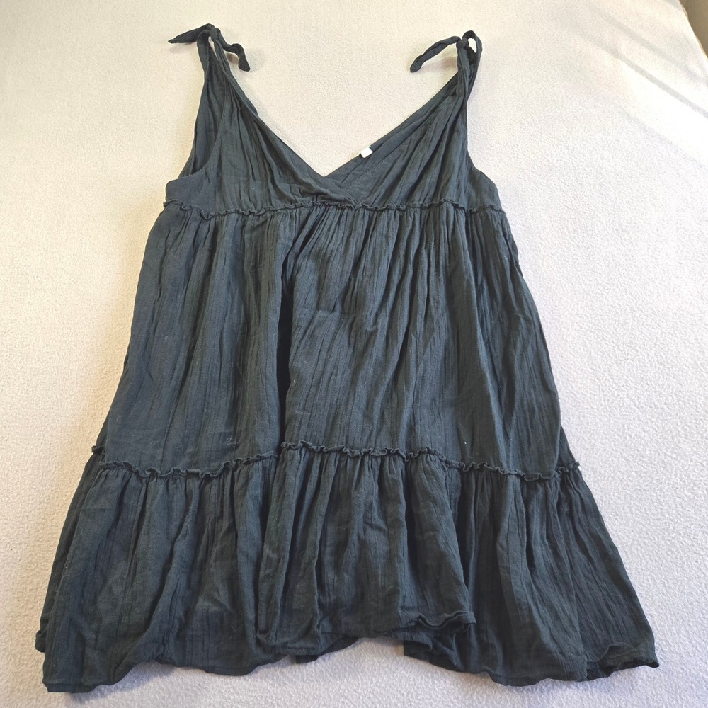Aerie Babydoll Dress Womens XXL Black Tie Shoulder Tiered Cotton Gauze Mini